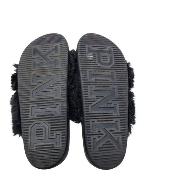 Victoria's Secret Pink Womens Faux Fur Slide Slippers Black S Fuzzy Open Toe - Picture 10 of 11